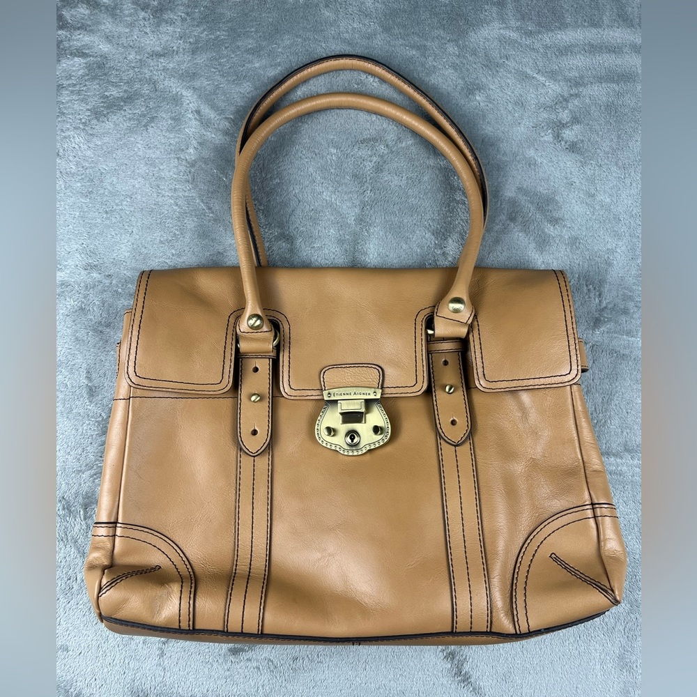 Vintage 90s ETIENNE AIGNER XL Tan Leather Satchel Bag Handbag Tote Structured